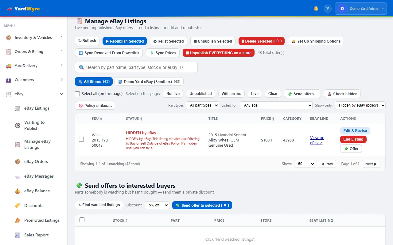 The Manage eBay Listings page flagging a listing eBay has hidden under its outside-of-eBay policy, with the reason shown in red