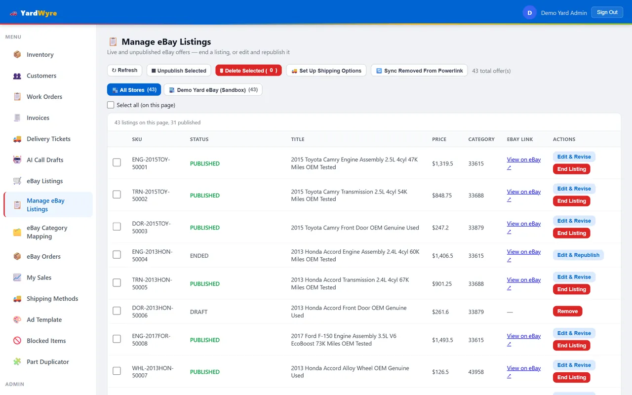 YardWyre dashboard showing published eBay listings with prices and status