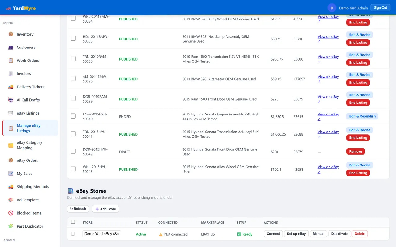 Several connected eBay stores with their connection and setup status
