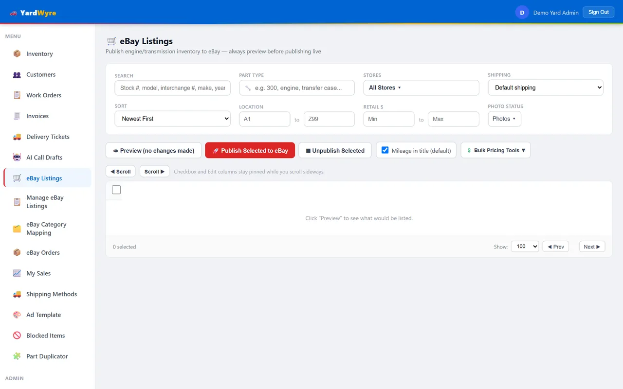 Selecting salvage parts and applying bulk margin pricing before publishing