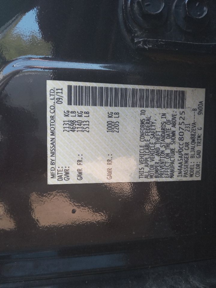2012 NISSAN MAXIMA 6cyl Gasoline 3.5 Chassis Cont Mod - 215516