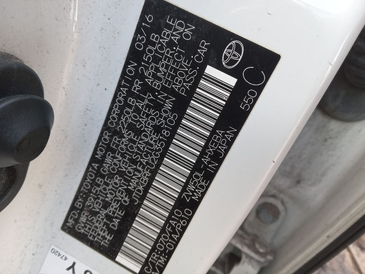 2016 TOYOTA PRIUS 4cyl Hybrid 1.8 BATTERY - 219410