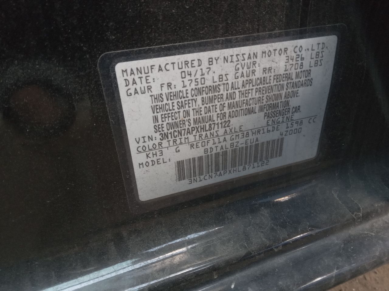 2017 NISSAN VERSA 1.6L 4cyl Gasoline VVT Chassis Cont Mod - 243623