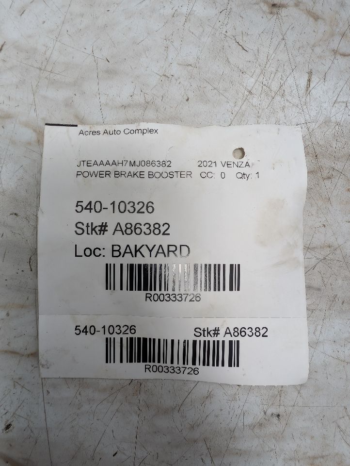 2021 TOYOTA VENZA 2.5L 4cyl Hybrid VVT POWER BRAKE BOOSTER - 333726