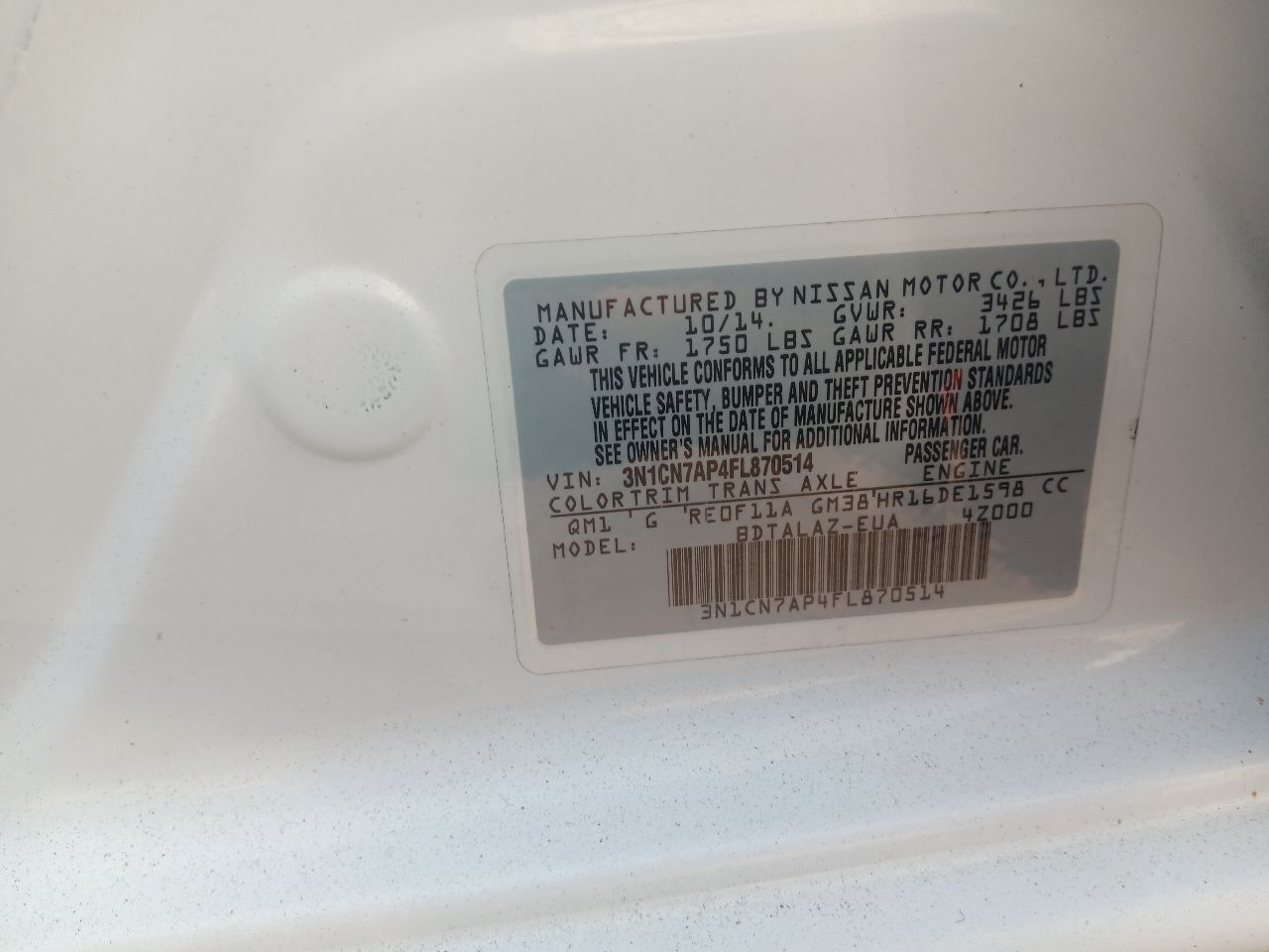 2015 NISSAN VERSA 4cyl Gasoline 1.6 DOHC Chassis Cont Mod - 338930