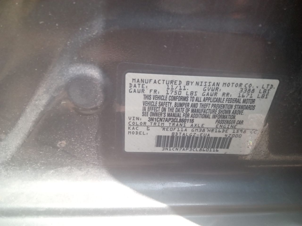 2012 NISSAN VERSA 4cyl Gasoline 1.6 DOHC Chassis Cont Mod - 347330 — photo 2