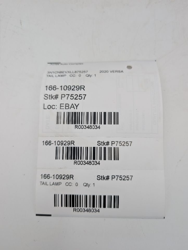 2020 NISSAN VERSA 1.6L 4cyl Gasoline VVT Right TAIL LAMP - 348034