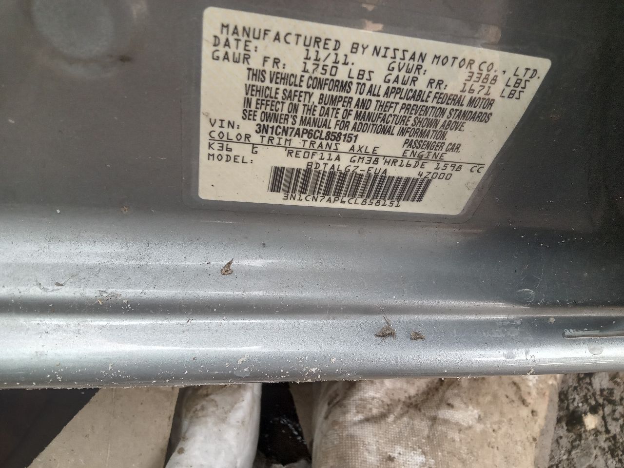 2012 NISSAN VERSA 4cyl Gasoline 1.6 DOHC ALTERNATOR - 348442