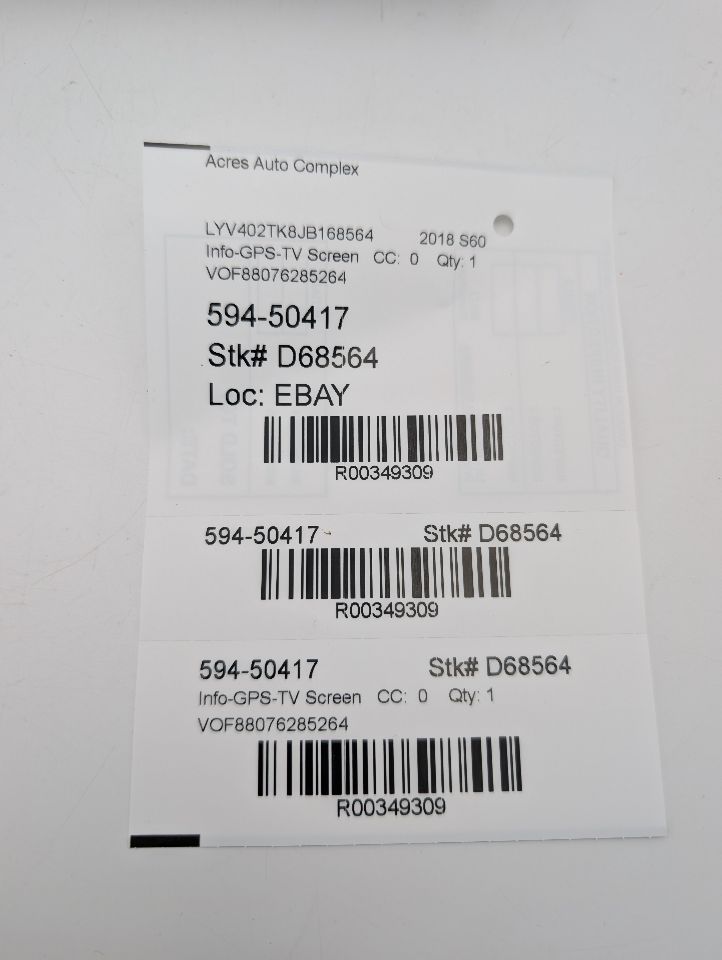 2018 VOLVO S60 2.0L 4cyl Turbo Gasoline Info-GPS-TV Screen - 349309