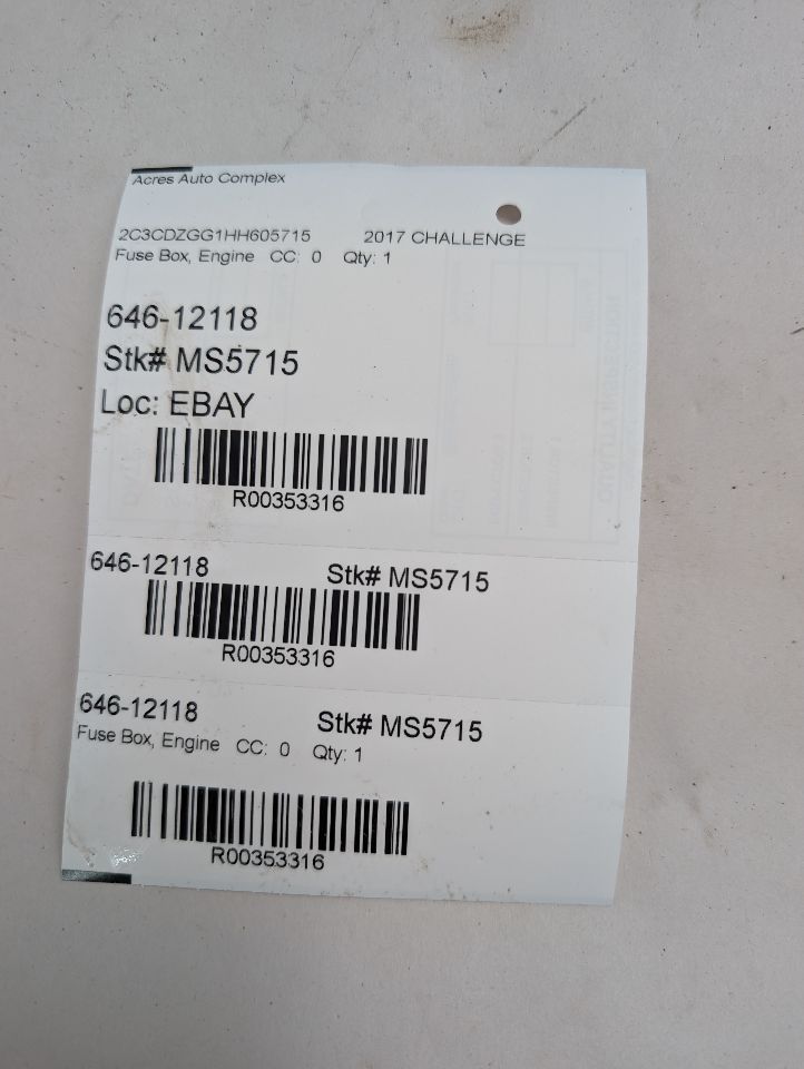 2017 DODGE CHALLENGER 3.6L 6cyl VVT Fuse Box, Engine - 353316