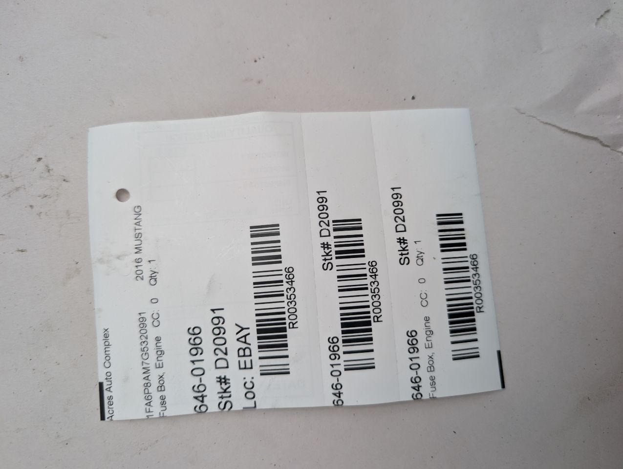 2016 FORD MUSTANG 6cyl Gasoline 3.7 Fuse Box, Engine - 353466