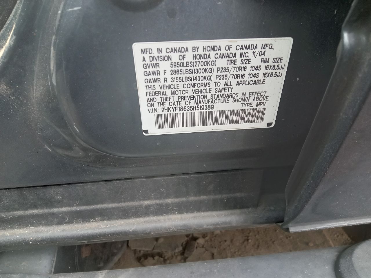 2005 HONDA PILOT 6cyl Gasoline 3.5 Left TAIL LAMP - 354885