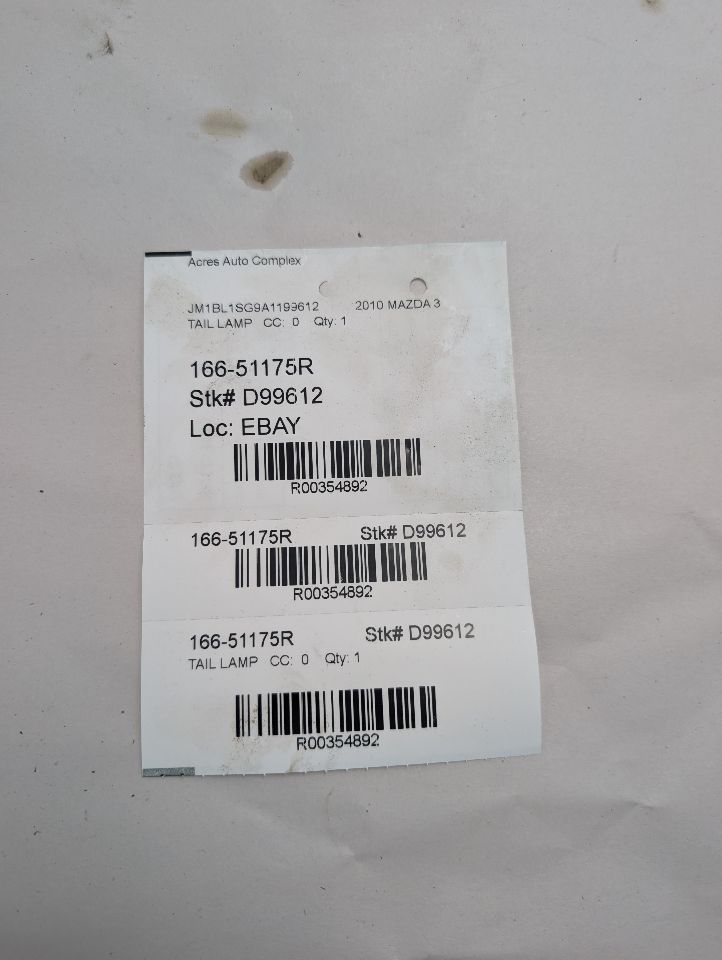 2010 MAZDA 3 4cyl Gasoline 2.0 Right TAIL LAMP - 354892