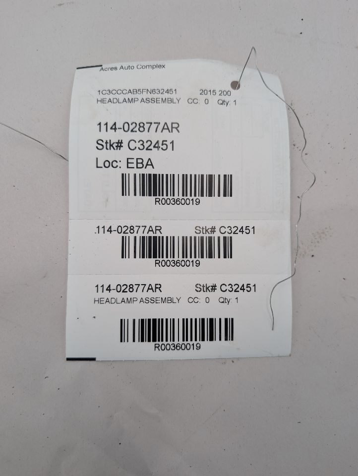 2015 CHRYSLER 200 4cyl Gasoline 2.4 Right HEADLAMP ASSEMBLY - 360019