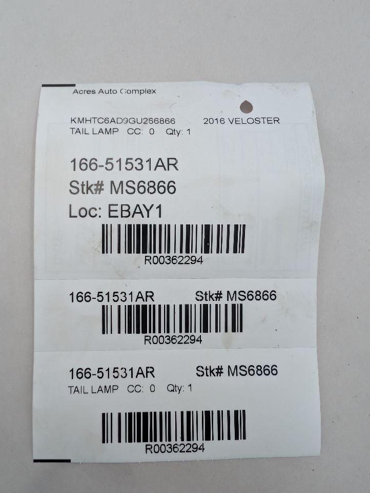 2016 HYUNDAI VELOSTER 4cyl Gasoline 1.6 DOHC Right TAIL LAMP - 362294 — photo 6