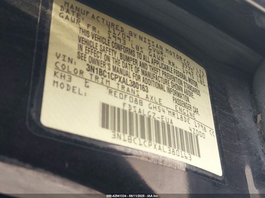 2010 NISSAN VERSA 4cyl Gasoline 1.8 Chassis Cont Mod - 367186