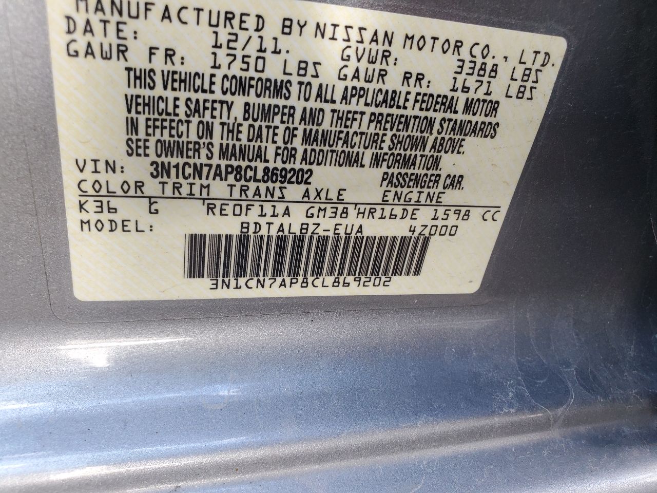 2012 NISSAN VERSA 4cyl Gasoline 1.6 DOHC Chassis Cont Mod - 367414 — photo 8