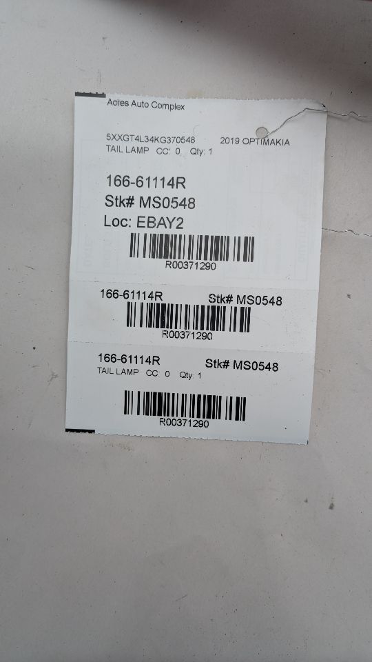 2019 KIA OPTIMA 2.4L 4cyl Gasoline VVT Right TAIL LAMP - 371290 — photo 5