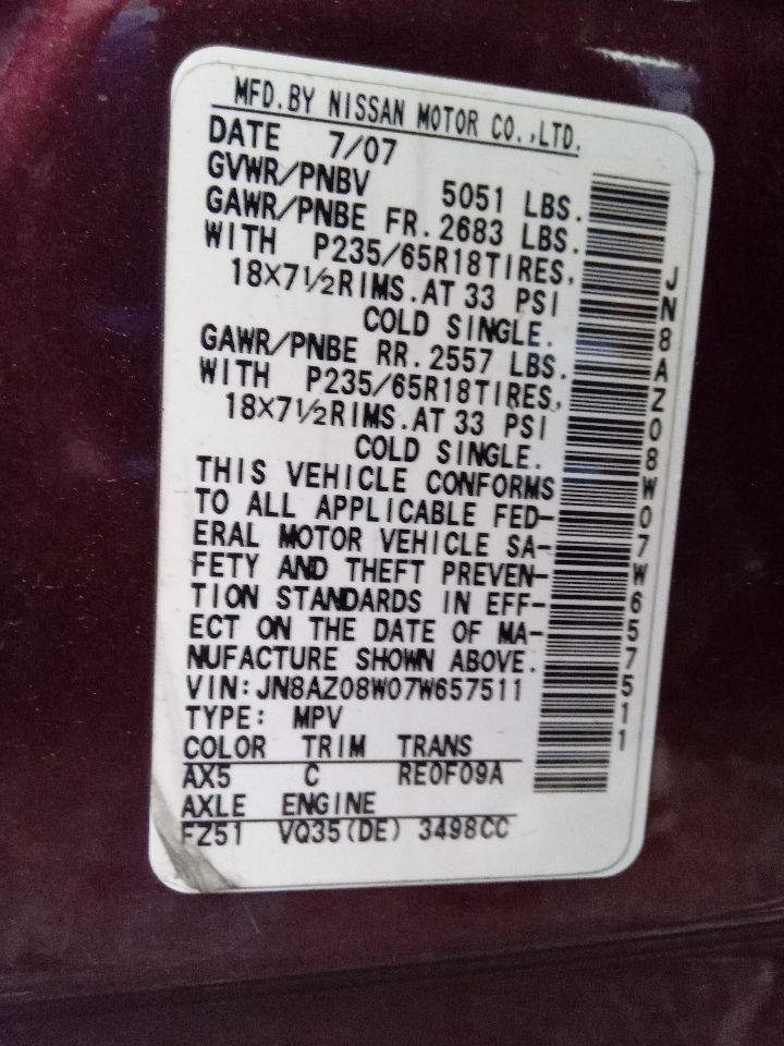 2007 NISSAN MURANO 6cyl Gasoline 3.5 Transmiss,Transaxle - 391410