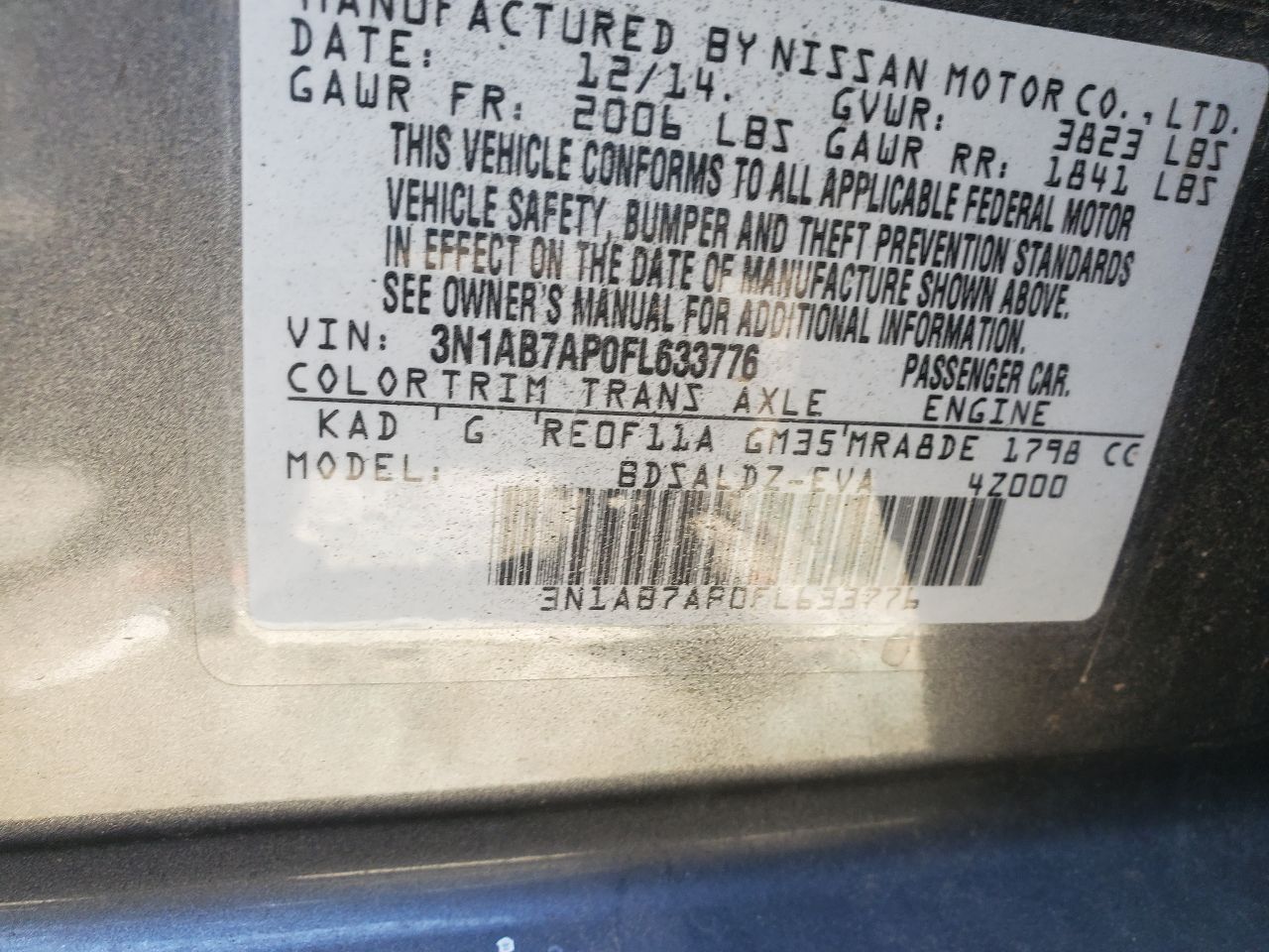 2015 NISSAN SENTRA 4cyl Gasoline 1.8 Transmiss,Transaxle - 452926