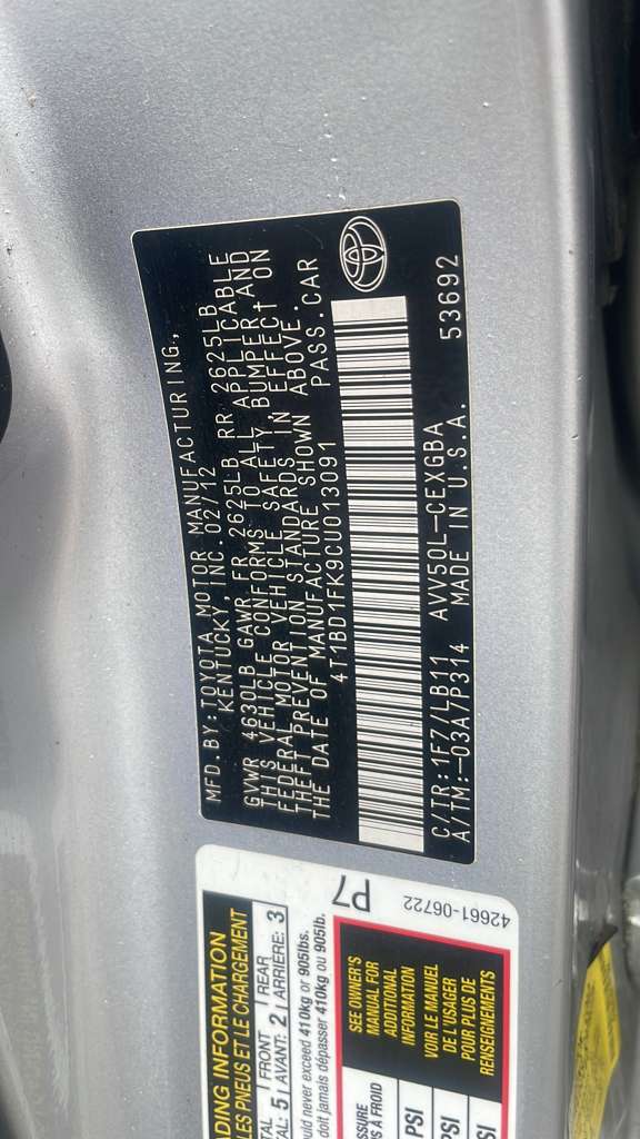 2012 TOYOTA CAMRY FRAME - 470509 — photo 7